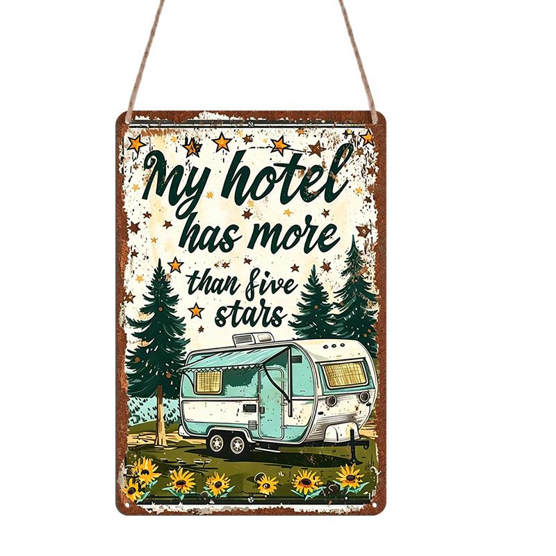 2D Flat 1pc Vintage Aluminum Sign (12x8 Inches) -  My Hotel Has More Than Five Stars  Retro Wall Art, Camping and RV Theme, Weathered Green and White 20*30cm