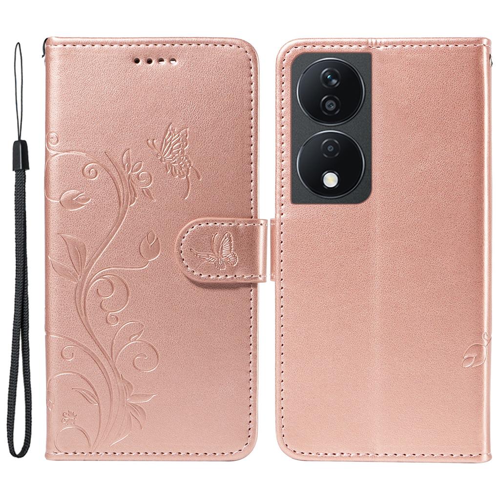 For Honor X7b 4G/90 Smart PU Leather Cases Flower Pattern Wallet Stand Phone Cover with Strap
