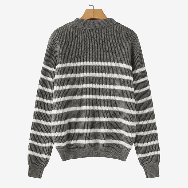 VONDA Winter Women Sweaters Lapel Striped Long Sleeve Pullovers Jumpers