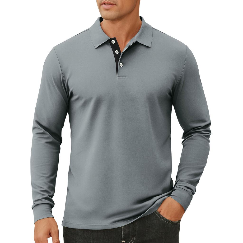 Men's Color Button Lapel Long Sleeve Top Men's Casual Fashion Long Sleeve Top