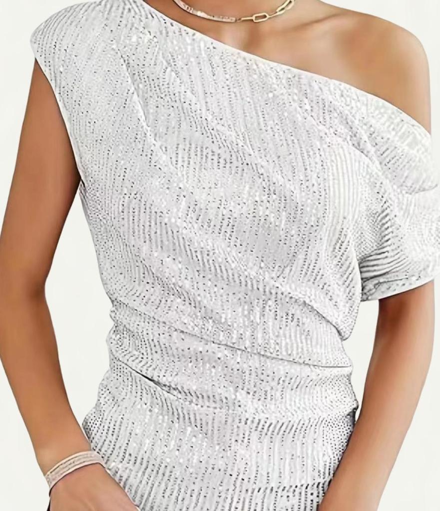 2023 Sequined Glitter Beaded Oblique Collar Short-Sleeve T-Shirt for Women - European/American Summer Style