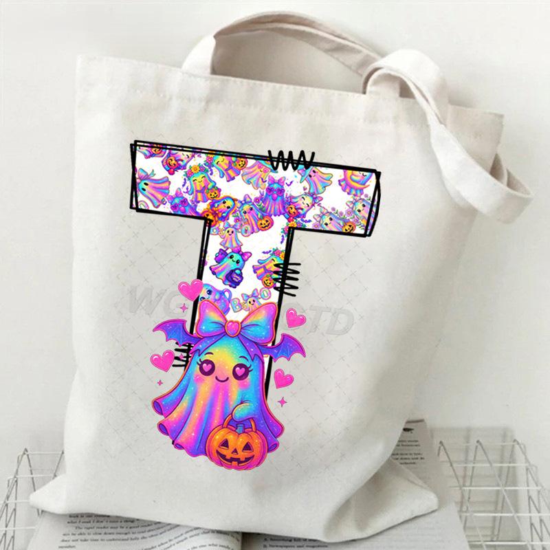 Halloween Alphabet Canvas Bag Going Out Portable Handbag Women's Large Capacity Casual Shoulder Crossbody Bag