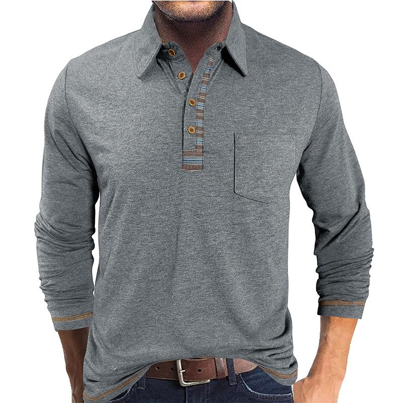 

Men s Buttoned Lapel Colorful Cotton Long-sleeved POLO Shirt Casual Fashion Pocket Bottoming Top L