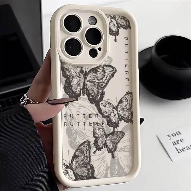 Premium Korea Style Case for iPhone 15 Pro Max 14 13 12 11 Xsmax XR- Art Oil Painting Butterfly Soft Phone Case for Women Girls Lady Full Body