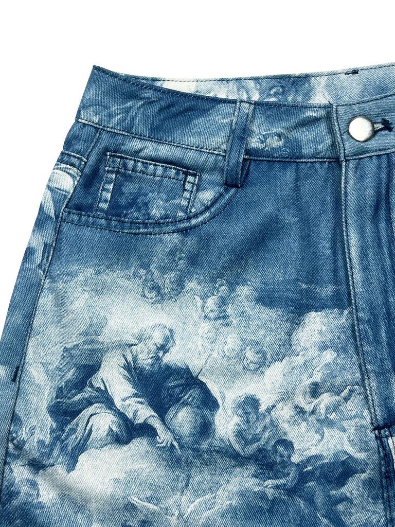 Retro Floral Wide-Leg Jeans for Women - Summer Mid-Waist Straight-Leg Design N021