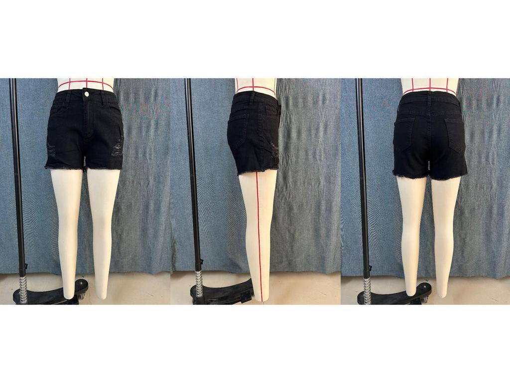 European-American Slim Fit Ripped Black Denim Shorts - Casual Low Waist Jeans