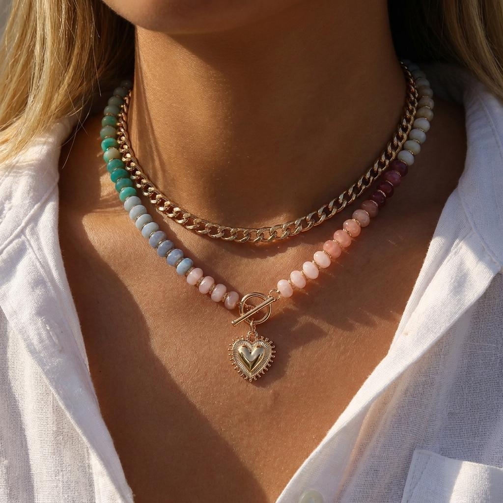 Colorful Dopamine Beaded Layered Necklace For Women Boho Heart Pendant OT Buckle Cuban Chain Chunky Choker Party Holiday Jewelry