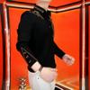 Men's Long Sleeve Polo Shirt Gold Print Fleece Lined Warm Casual Button Collar Fashion Top