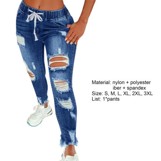 Fashion Women Elastic Drawstring Holes Long Jeans Trouser Dating Streetwear