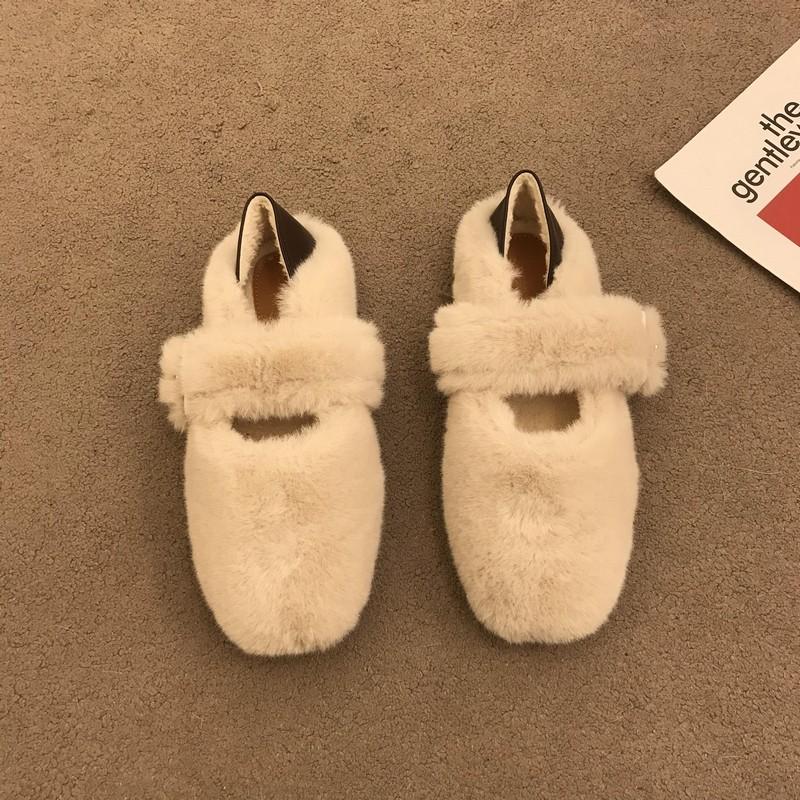 Pantofi plat de iarnă cu blană la modă, pantofi casual Mary Jane călduroși cu pluș pentru femei, pantofi cu vârf rotund pentru exterior