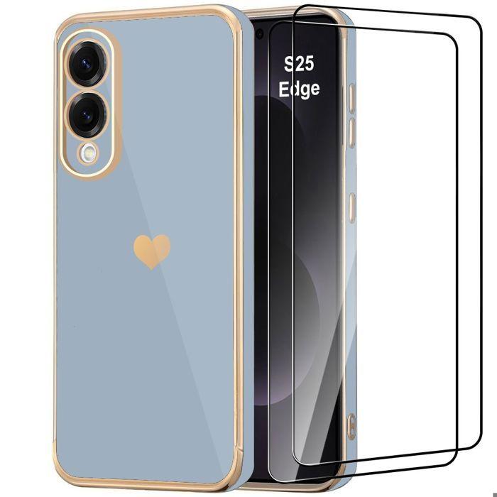 Coque pour Samsung Galaxy S25 Edge - BOOLING - Protection Silicone avec Motif Cœur Bleu - 2 Verres Trempés