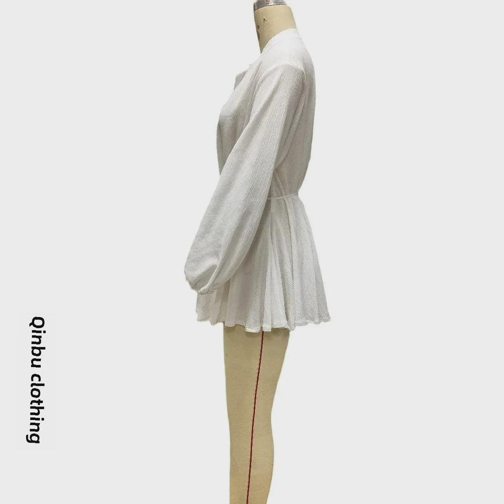 Women's 2025 White Lace-Up Button Ruffle Dress