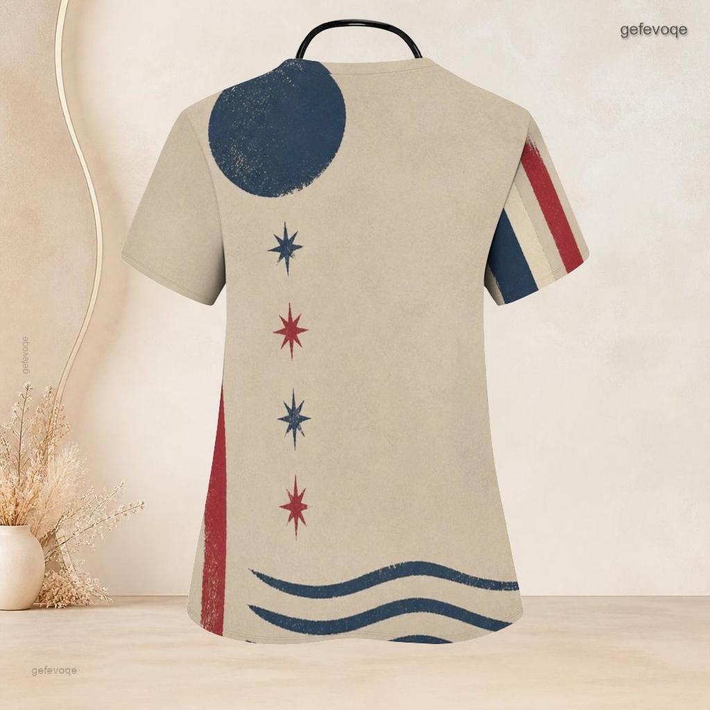 Women Plus Size Beige Printed Nurse Scrub Top V Neck Short Sleeve With Front Pockets