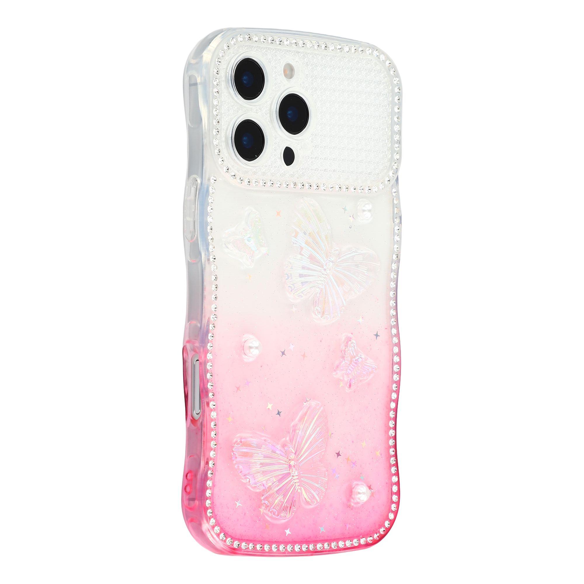 For iPhone 16 Pro Case Epoxy Butterfly Design Rhinestone Decor Gradient Shockproof TPU Phone Cover