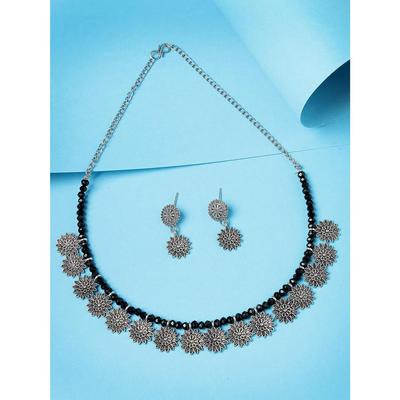 Trendy Oxidised Silver Plated Floral Shaped Choker Necklace Set For Women
