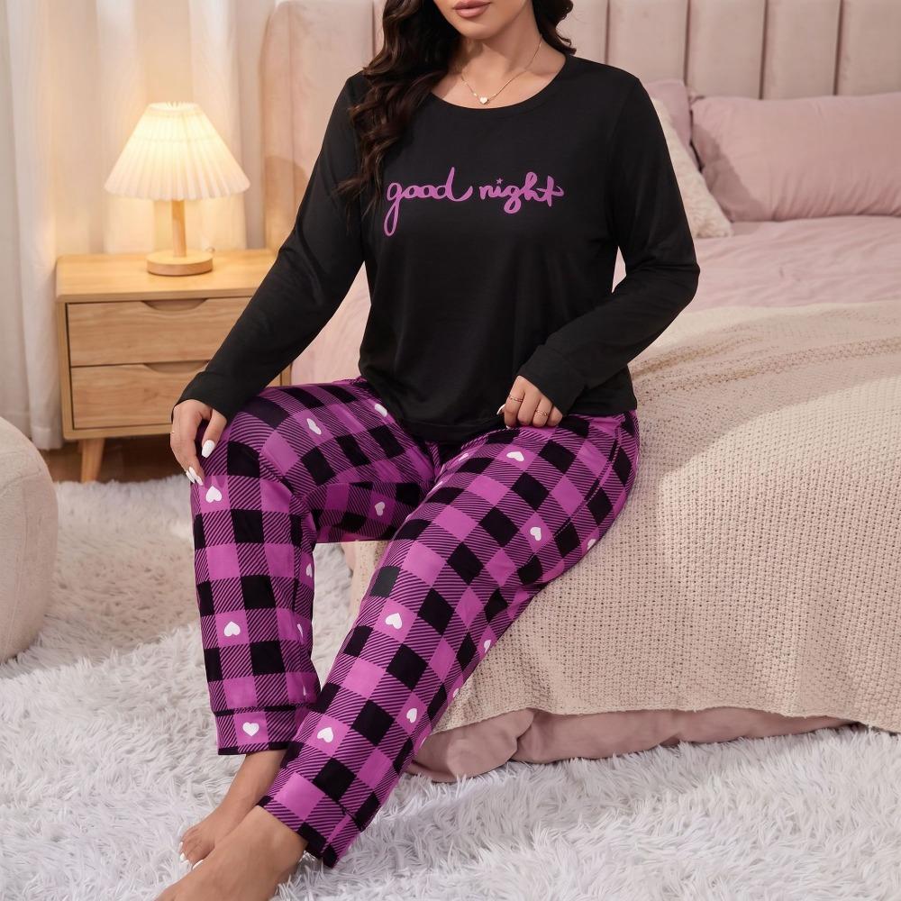 Plus Size Women Pajama Set AutumnWinter Long Sleeve Letter Print Top Plaid Sleepwear Pants Loose Ladies Soft Loungewear Homewear