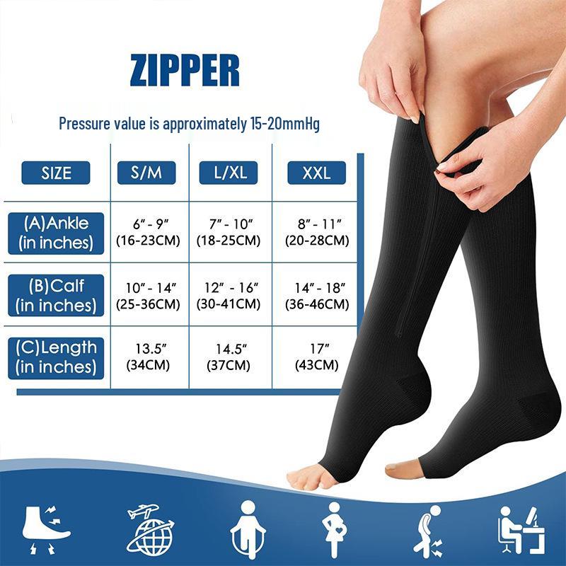 Women's Open-Toe Compression Zipper Socks - Elastic Calf Support 