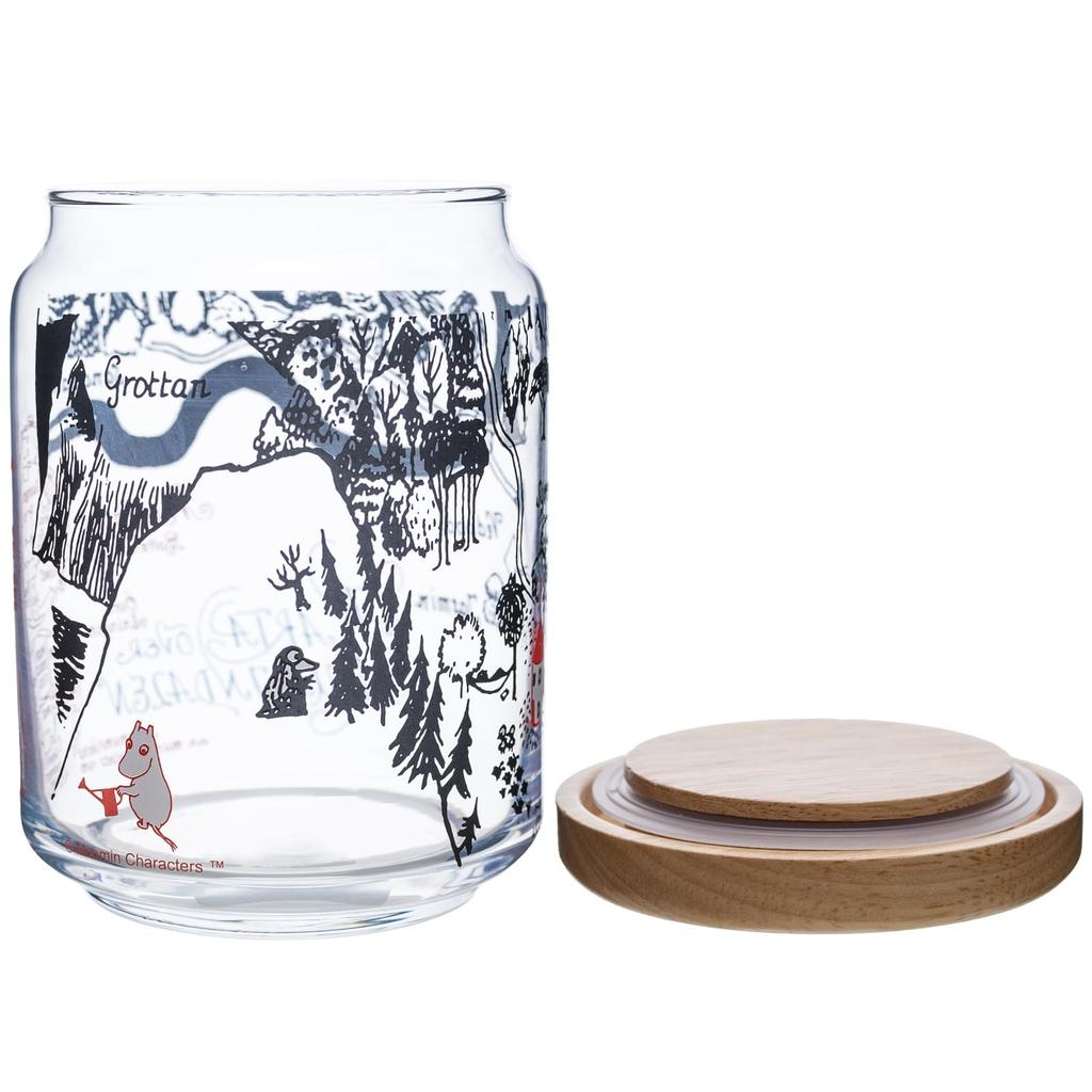Takasaka International Japan Moomin Glass Made in with Wooden Canister, Japan, KARTA, 640ml, Clear, Lid, MM-G23-001