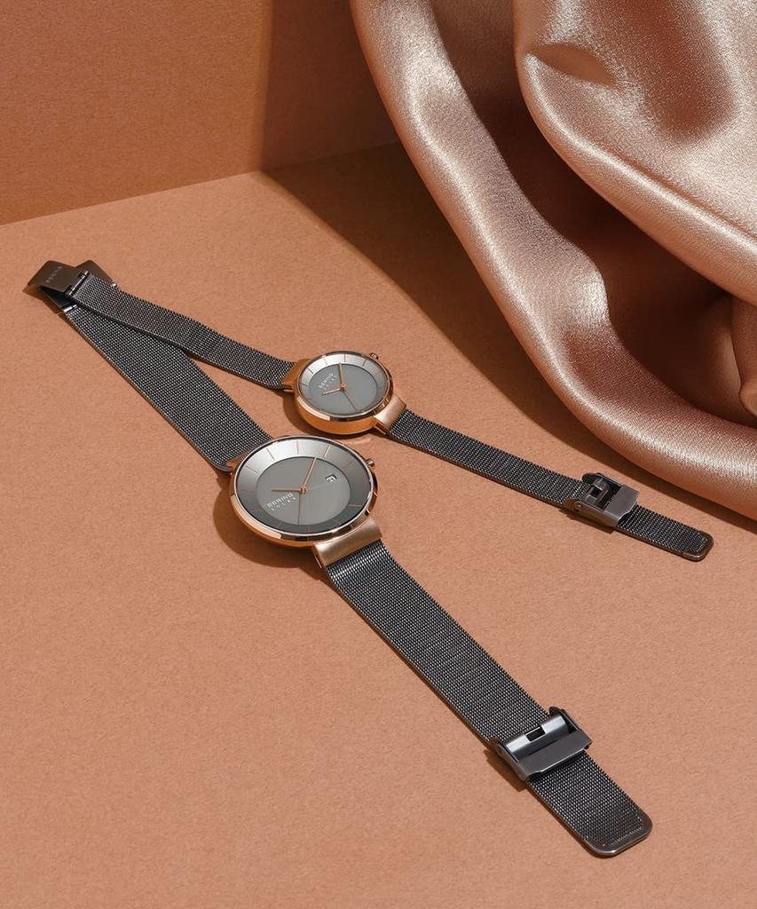 BERING Gray and Stainless Mesh Officially Sapphire Men's & Women's (Unisex) Solar-Powered Watch, Gold, Steel, Strap, 14639-369, Imported, 3-Year