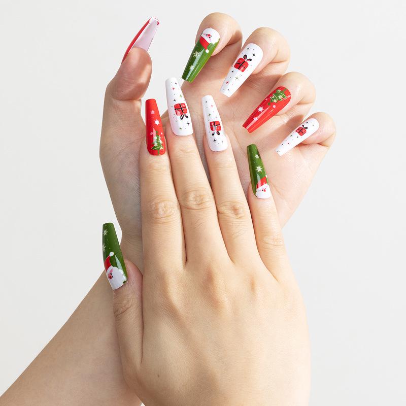 Long Wearable Santa Claus Gift Box Manicure: Removable Christmas Nail Patches