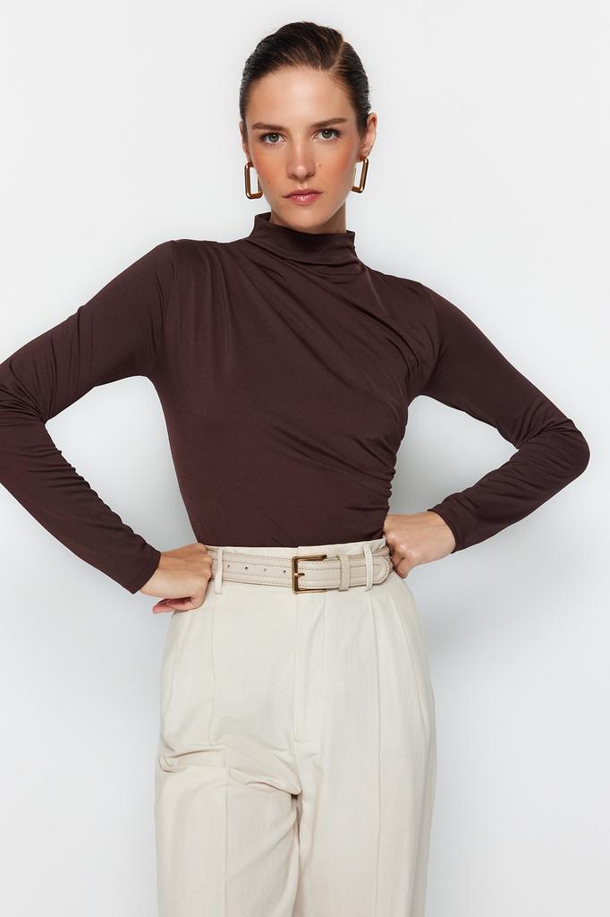 Women's Fashion New Bodysuit with Stone Gather Detail, High Collar, Snap Fastener, Flexible Knitted Bodysuit