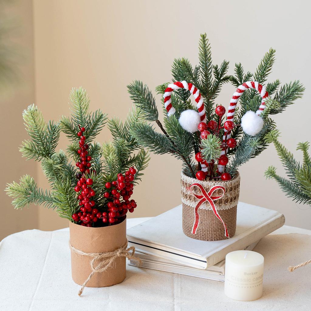 Christmas Artificial Pine Branches with Red Fruits Small Christmas Tree Tabletop Decoration Item Festival Decoration Setup Prop