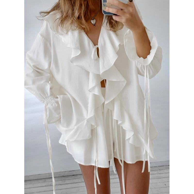 Fashionable Ruffle Casual Suit Spring  Loose-Fitting Top And Shorts Two-Piece Set For Women