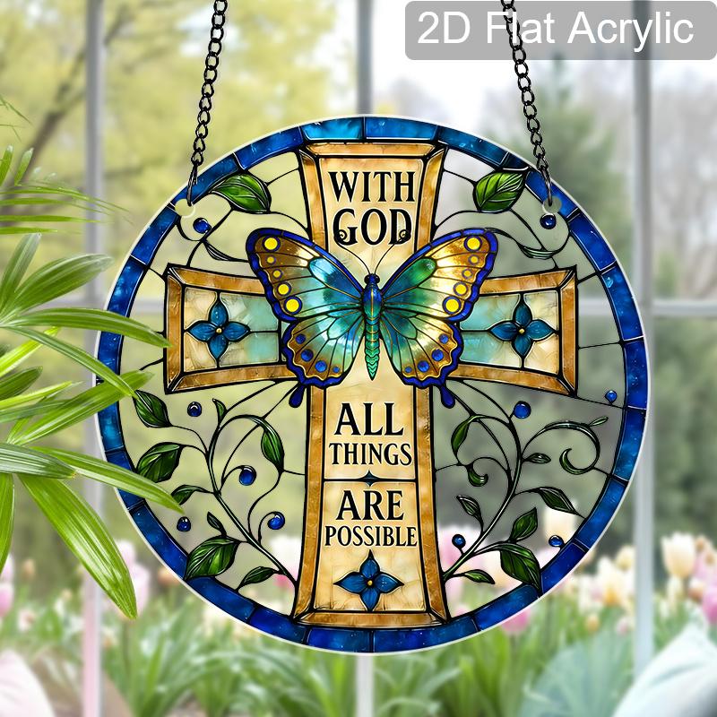 Acrylic Cross Butterfly Suncatcher Stained Glass Effect Window Hanging Ornament Religious Decor for Home