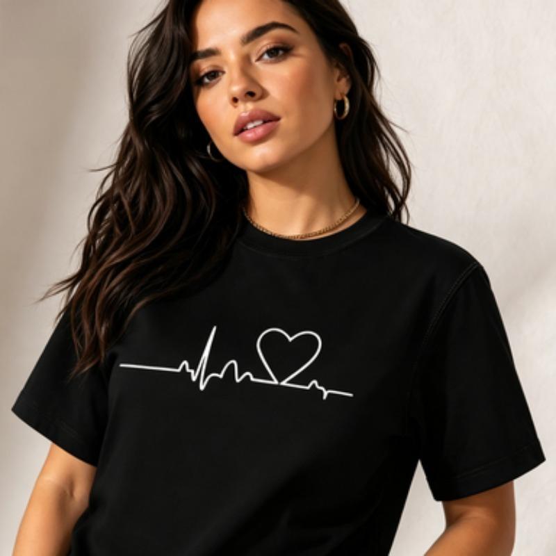 Unisex Heartbeat Line Print Tshirt Simple Love Heart Graphic Casual Short Sleeve Round Neck Minimalist Tee Top Black White