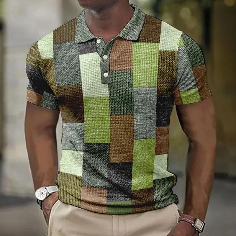 Vintage Colorful Grid 3D Printed POLO Shirt Men's Casual Gentleman Short-sleeved Top Outdoor Casual Men's and Women's Polo Shirt