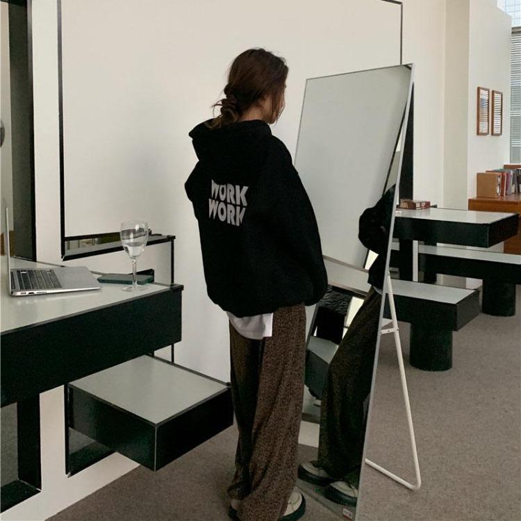 Loose Long Sleeve Hooded Sweatshirt for Women Solid Color O Neck Pullover Tops