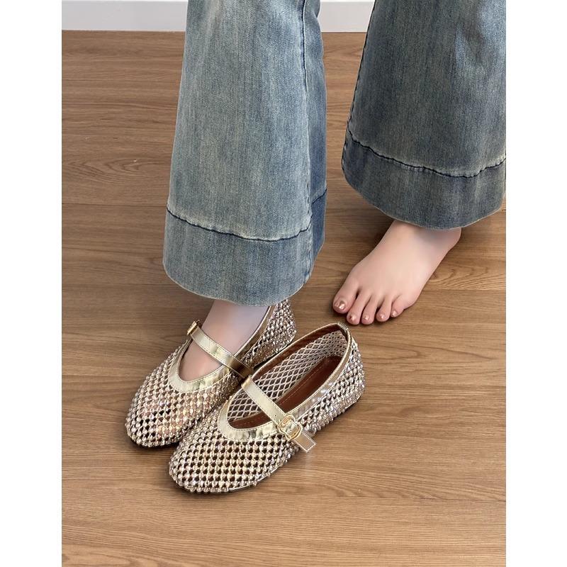 

Кожаные сетчатые дышащие балетки со стразами, туфли Мэри Джейн с пряжкой, женские туфли-лодочки, балетки 40