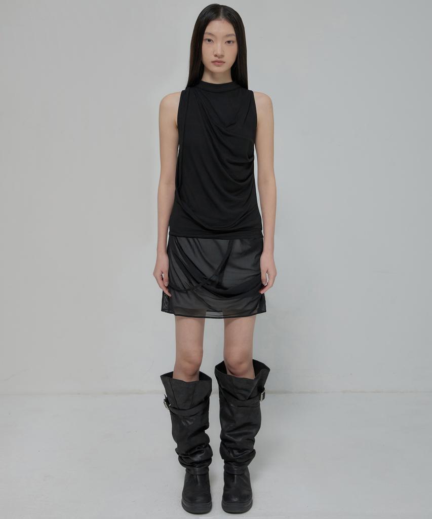 Peulleeoeob Draped Mesh Layered Mini Skirt (Fl-265_Black)