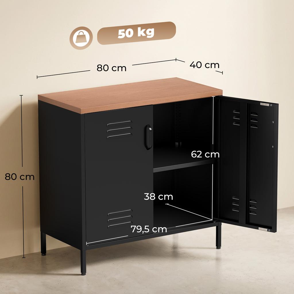 Metal Sideboard for Living Room, Industrial, 2 Doors, Adjustable Shelf, 80 x 40 x 80 cm, Black