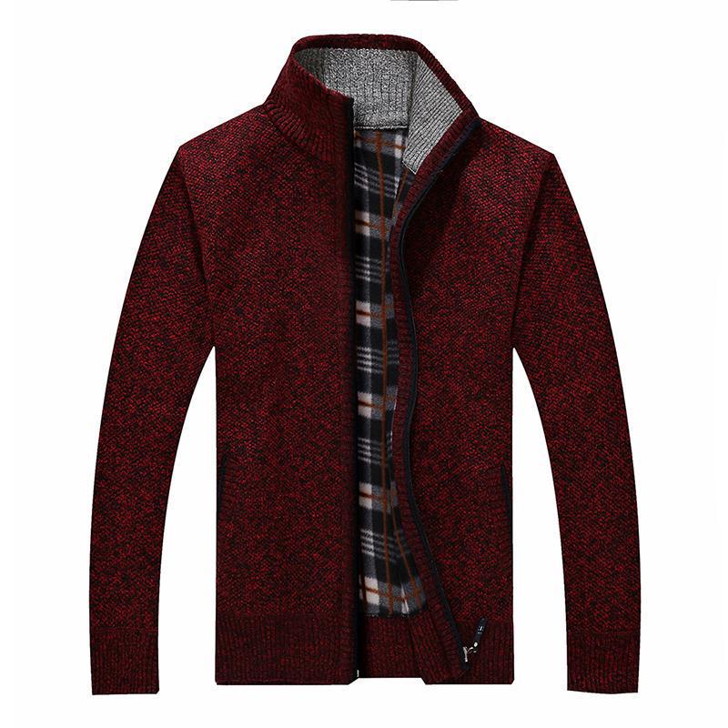 Men's Fleece-Lined Stand-Up Collar Cardigan: Thick, Solid Color, Plus Size Knit for Autumn/Winter.