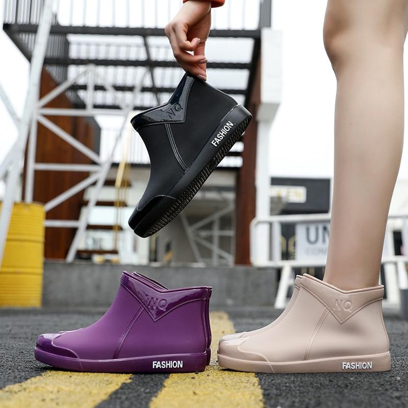 Women's Ankle Rain Boots Waterproof PVC Rubber Slip-on Flat Shoes Anti-slip Lightweight Garden Footwear Autumn