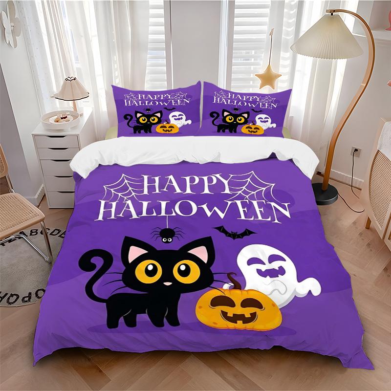 3pcs Happy Halloween Cat Spider Ghost Printed Quilt Set - Includes 1 Quilt Cover and 2 Pillowcases, Machine Washable - Suitable for All Seasons.H