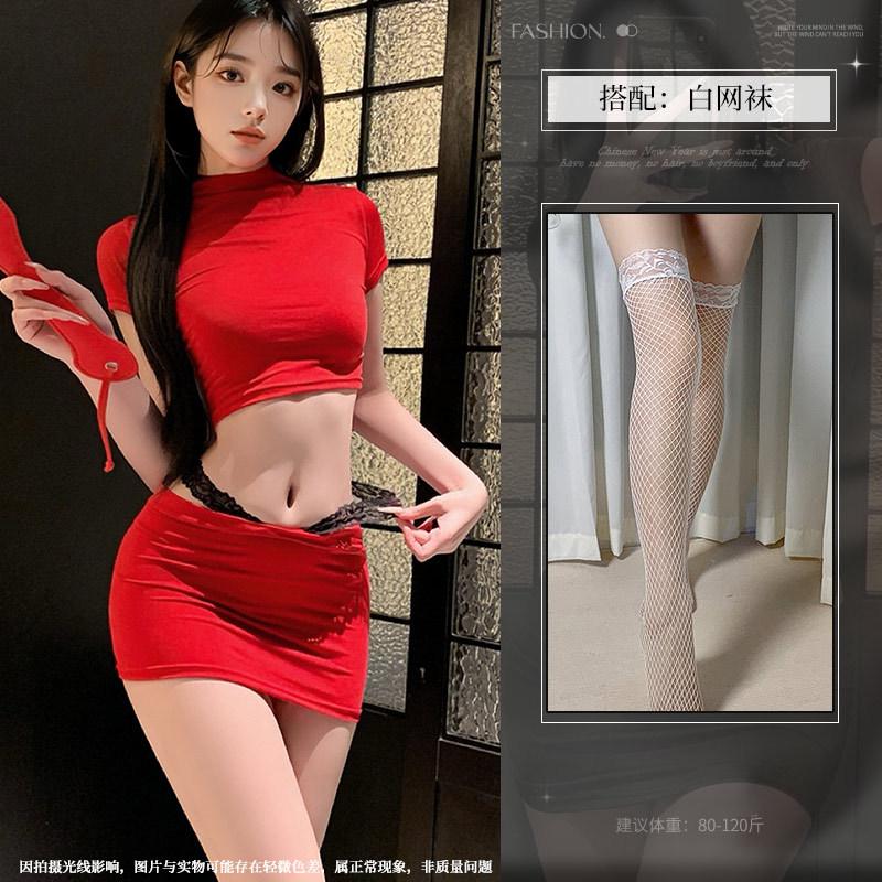 Fashion Wear Spice Girl Slim Pure Desire Black Front Shoulder Short Sleeve Low Waist Sex Underwear Hip Skirt Women