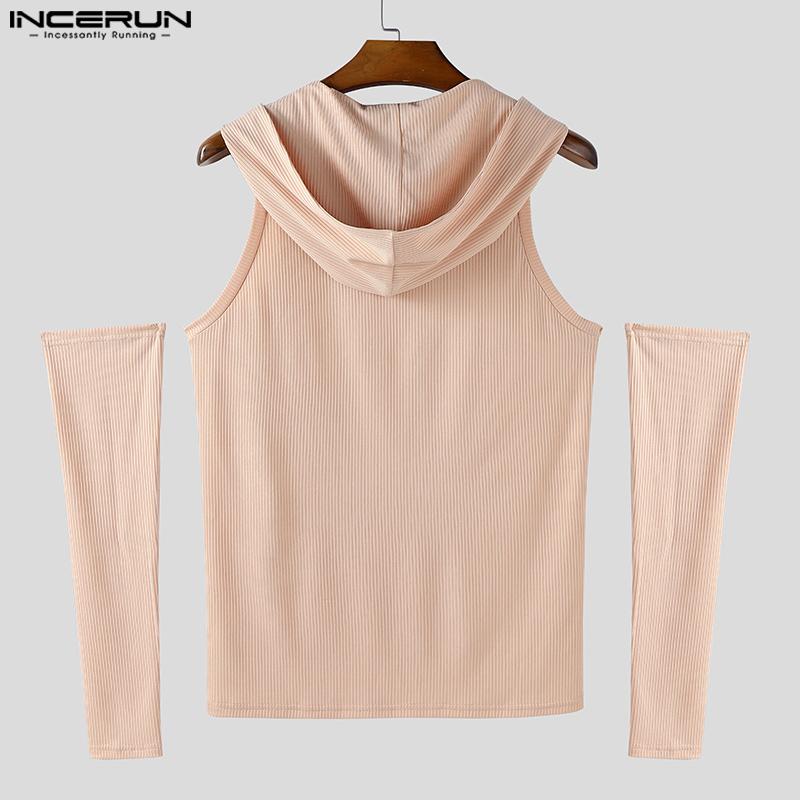INCERUN Men Sleeveless Rib Casual Fitted Hooded Tank Tops with Oversleeve
