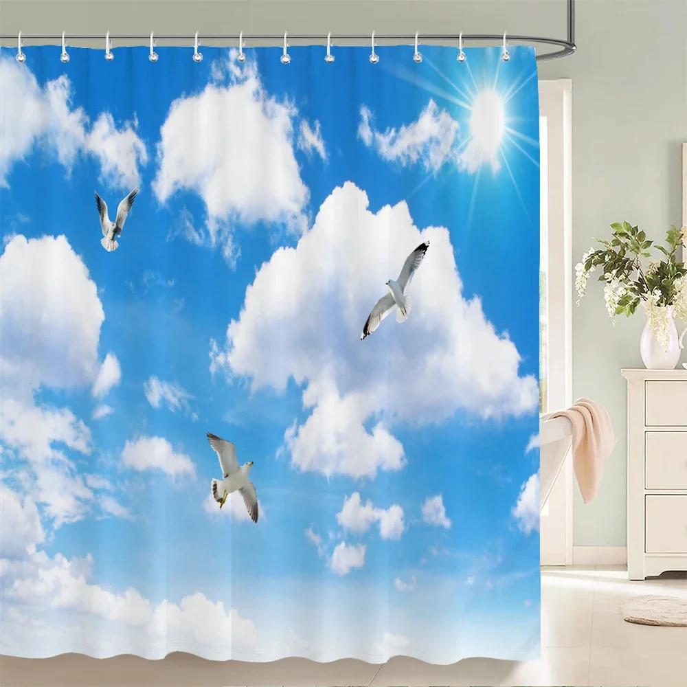 Blauer Himmel Wolken Landschaft Duschvorhang Wasserdichter Badezimmervorhang Mit Haken Badezimmer Vorhänge Stoff 3D Gedruckt 180*200cm Vorhang