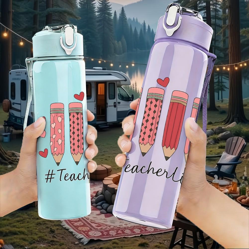 1PC Color Pencil Art Pattern Print 750ml Color Plastic Sports Water Bottle Leakproof Flip Straw Lid Suitable for Sports Office Home Use