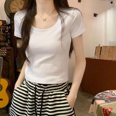 White Round Neck Tight Top Women's Summer Popular Super Popular Versatile Right Shoulder Short Style Slim Stretch Short-sleeved T-shirt Ins
