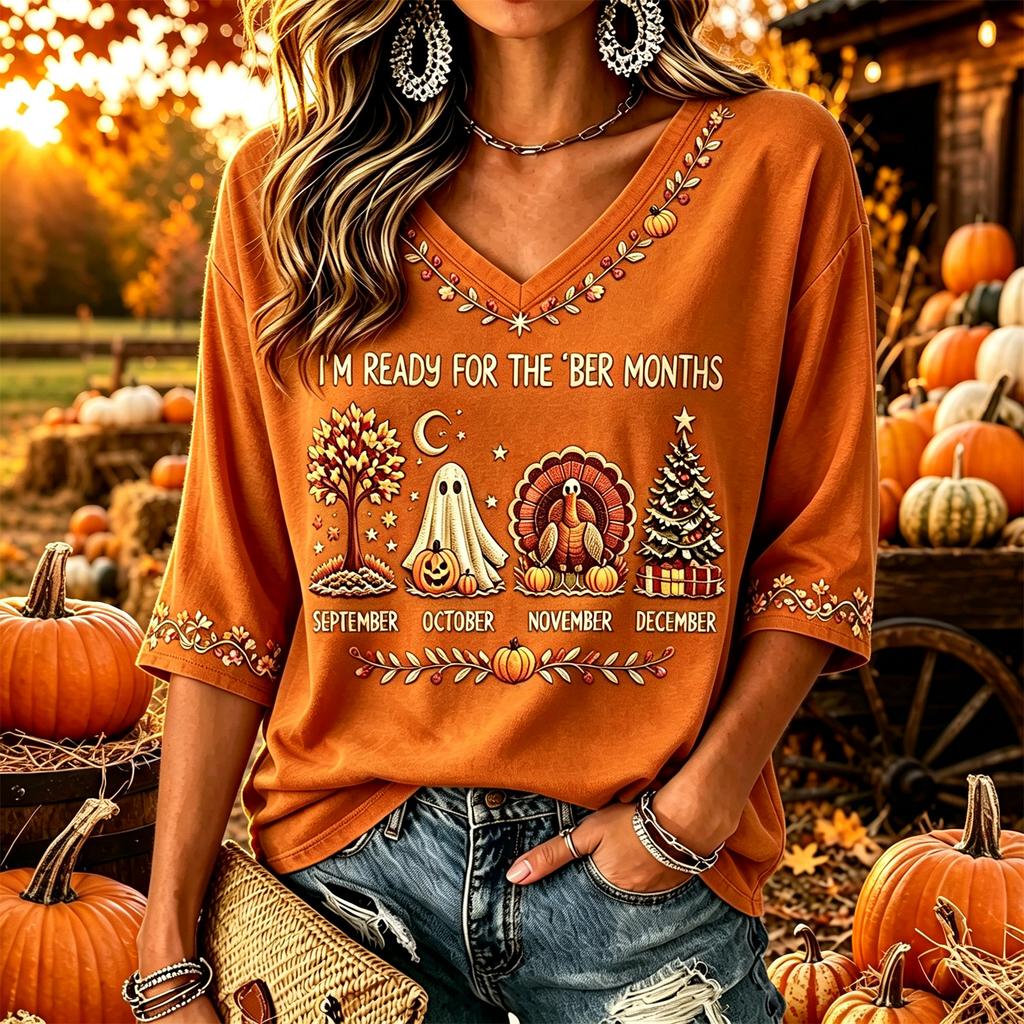 Women's Casual Thanksgiving Print V-Neck Pullover Top