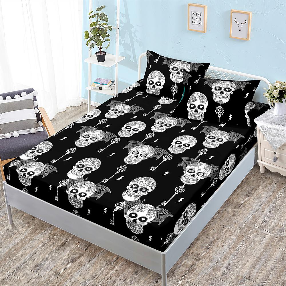 Skull Black Sheet Three-Piece Bedspread Pillowcase Kit Mattress Protective Cover