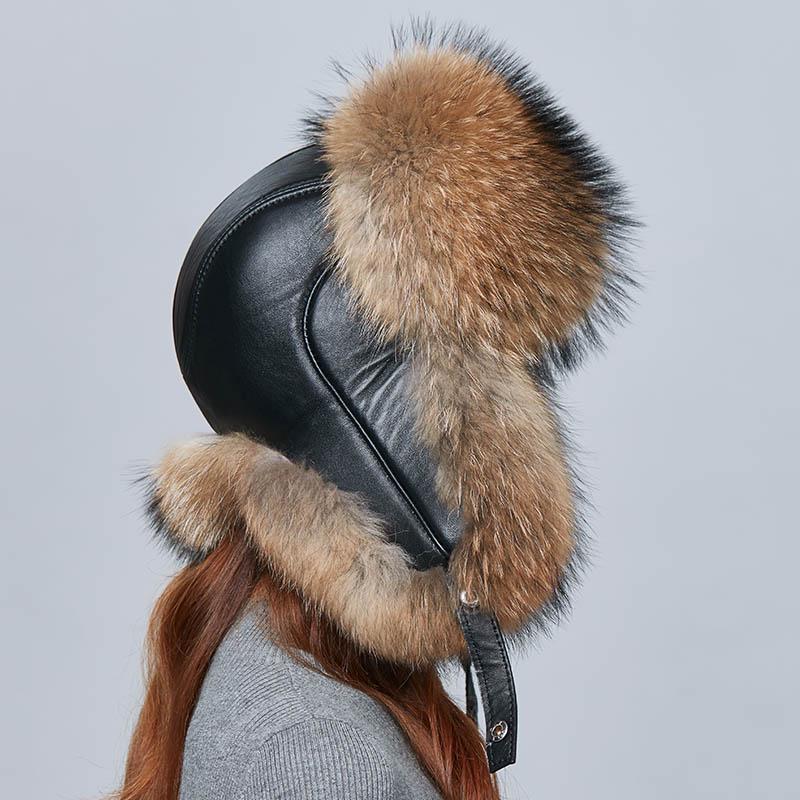 SOMALER Real Fox Fur Hat Earflap Thick Warm Winter Hats For Women Russian Bomber Hats Genuine Leather Caps