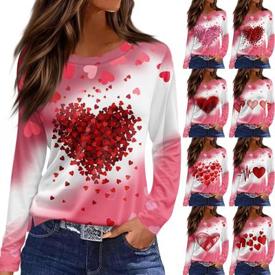 Women's Fashion Casual Slit Hem Round Neck Long Sleeve Loose  Printed T-Shirt Ladies Top