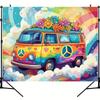 Fondo psicodélico de autobús hippie y margaritas retro para fiesta - Decoración multifuncional de tela de poliéster para fiesta de cumpleaños