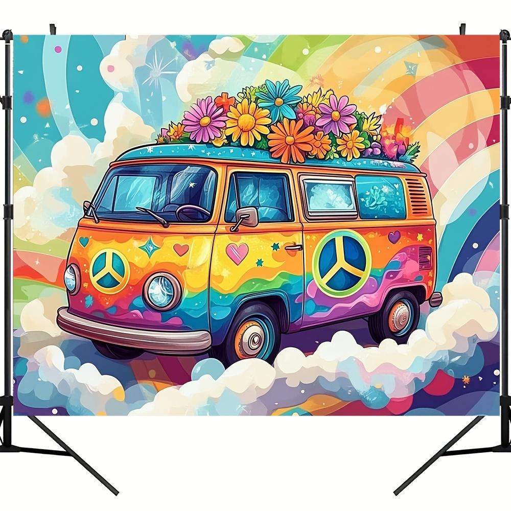 Fondo psicodélico de autobús hippie y margaritas retro para fiesta - Decoración multifuncional de tela de poliéster para fiesta de cumpleaños