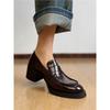 Silent sole British style round head loafers women's thick heel medium heel single shoes commuter small leather shoes black
