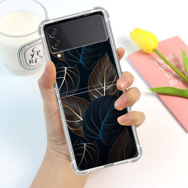 Blader Luksus Luksus Etui For Samsung Galaxy Z Flip 3 4 5g Funda Z Flip3 Gjennomsiktig PC Hardt Støtsikkert Bakside Telefon Coque Skall